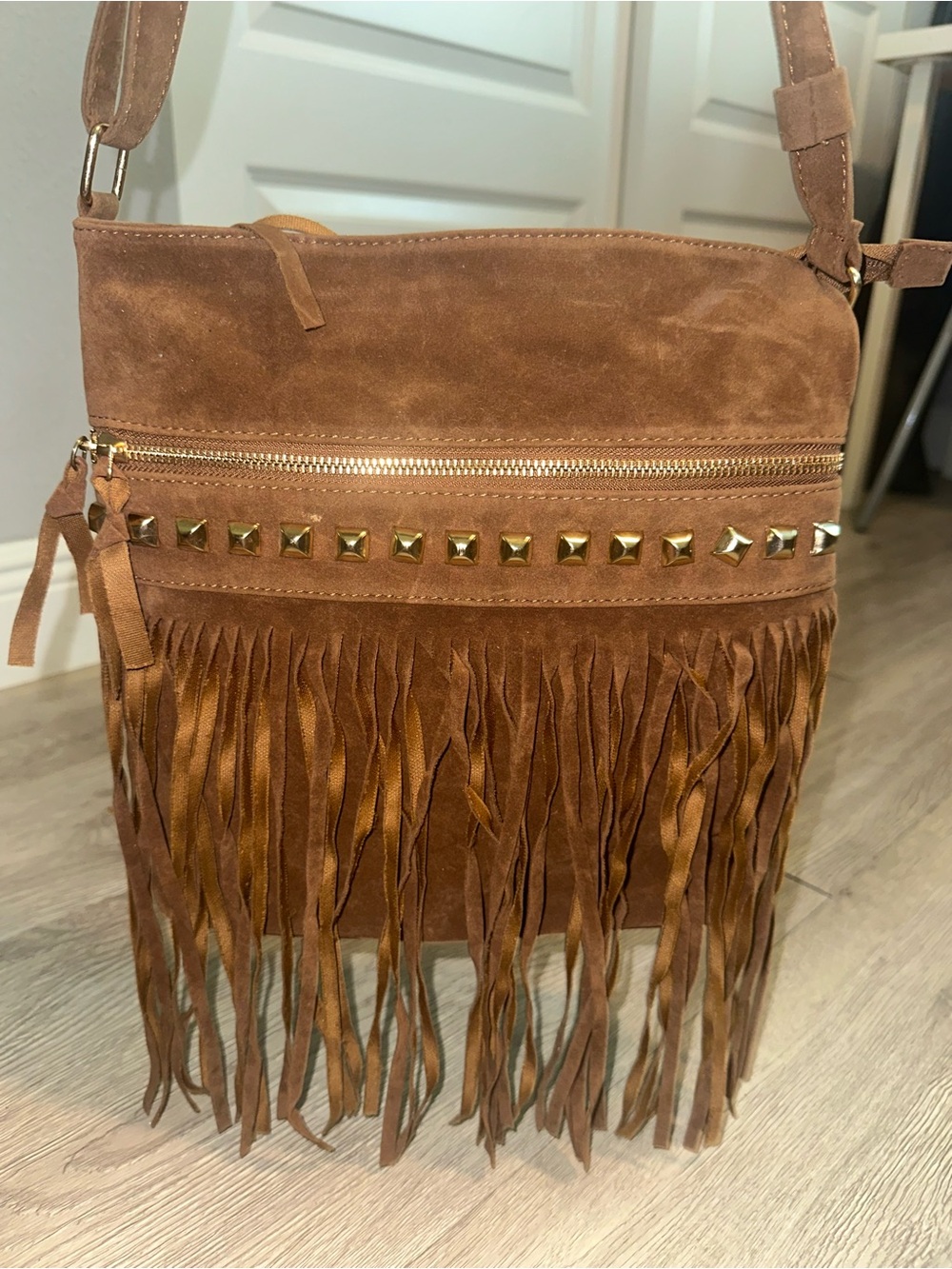 Boho Faux Mocha Suede Fringe Studded Crossbody Bag Purse
